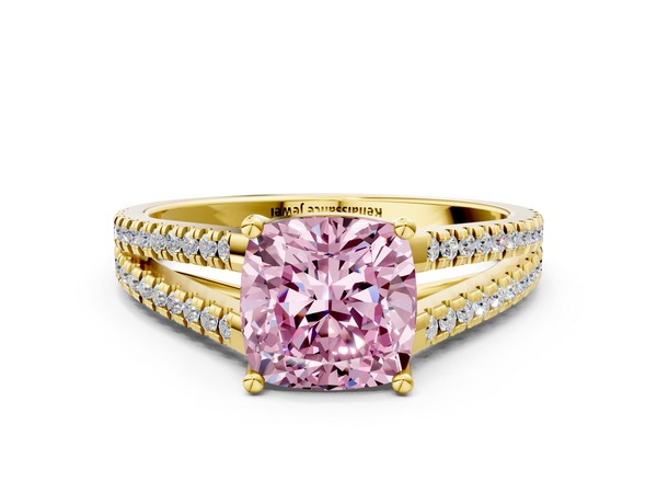 Yellow gold Fancy Pink Cushion Cut Diamond Solitaire Engagement Ring with Split Shank Pavé Band