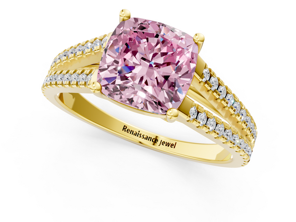 Yellow gold Fancy Pink Cushion Cut Diamond Solitaire Engagement Ring with Split Shank Pavé Band