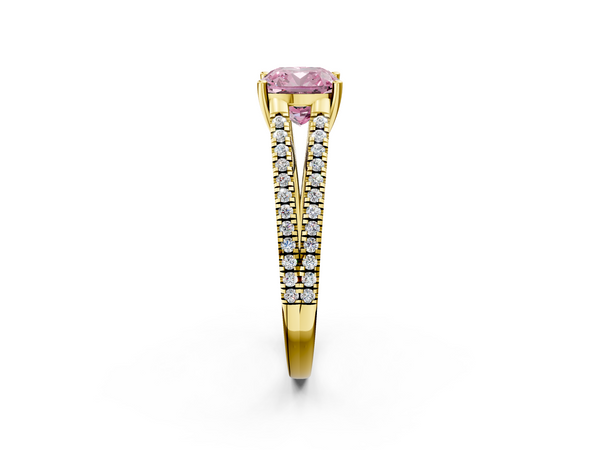 Yellow gold Fancy Pink Cushion Cut Diamond Solitaire Engagement Ring with Split Shank Pavé Band