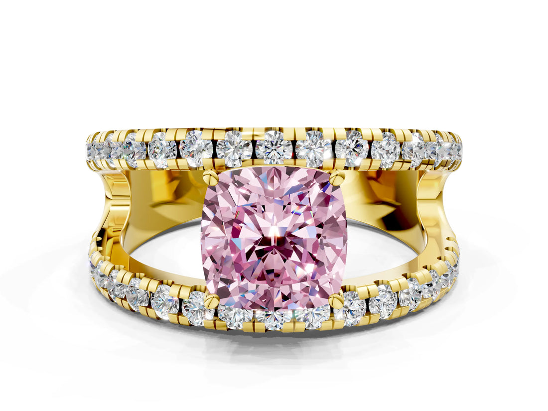 Yellow gold Fancy Pink Cushion  Solitaire Split Shank Pave Diamond Ring_49