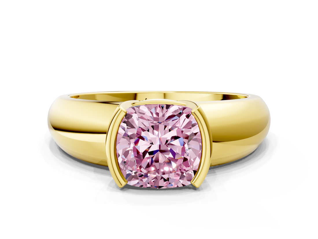 Yellow gold Fancy Pink Cushion  Solitaire Tension Set Diamond Ring with Wide Band_19