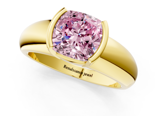 Yellow gold Fancy Pink Cushion  Solitaire Tension Set Diamond Ring with Wide Band