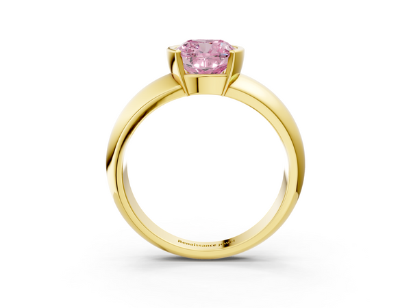 Yellow gold Fancy Pink Cushion  Solitaire Tension Set Diamond Ring with Wide Band