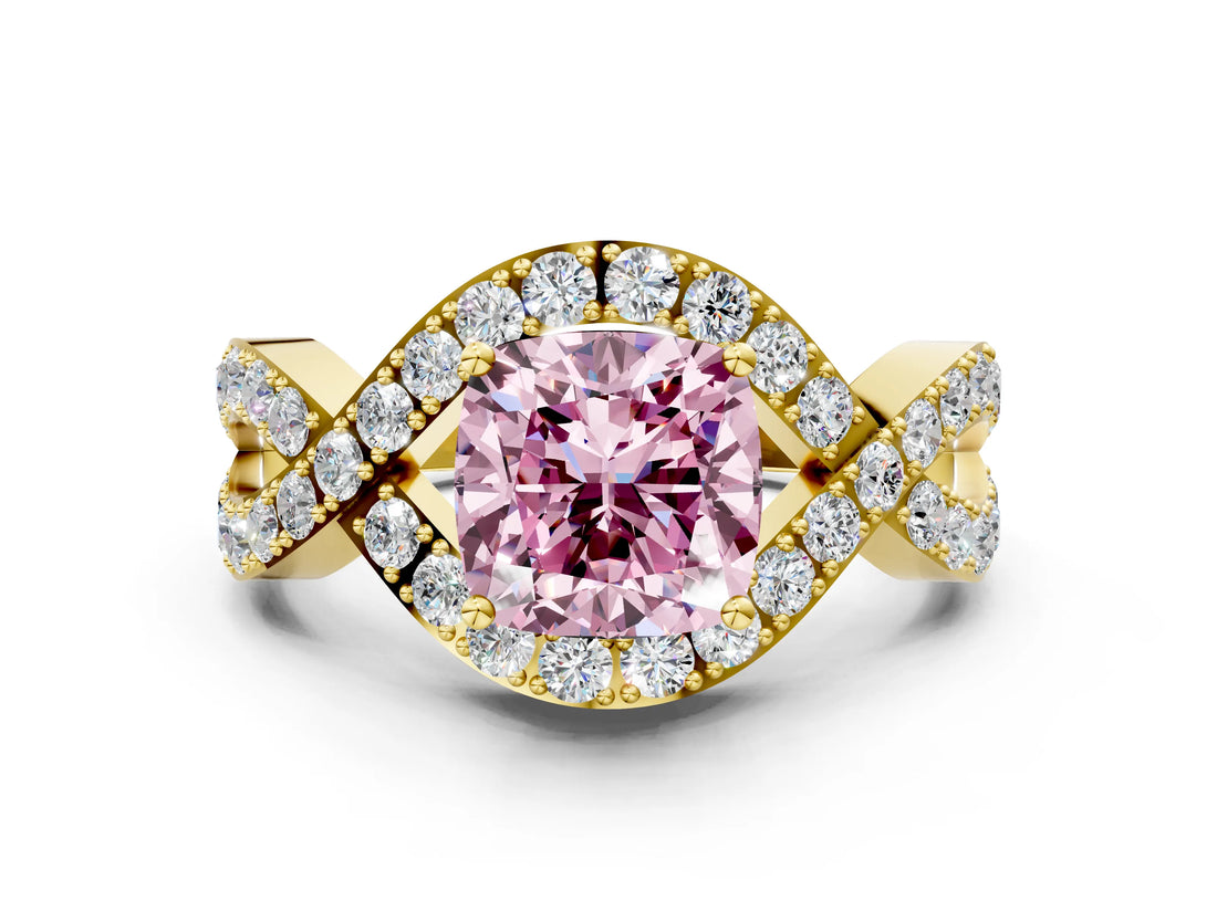 Yellow gold Fancy Pink Cushion  Solitaire Twist Band Pavé Diamond Engagement Ring_32