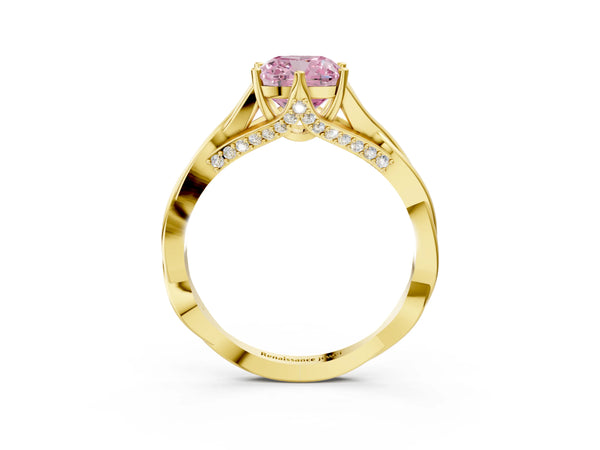 Yellow gold Fancy Pink Cushion  Solitaire Twist Band Six-Prong Setting