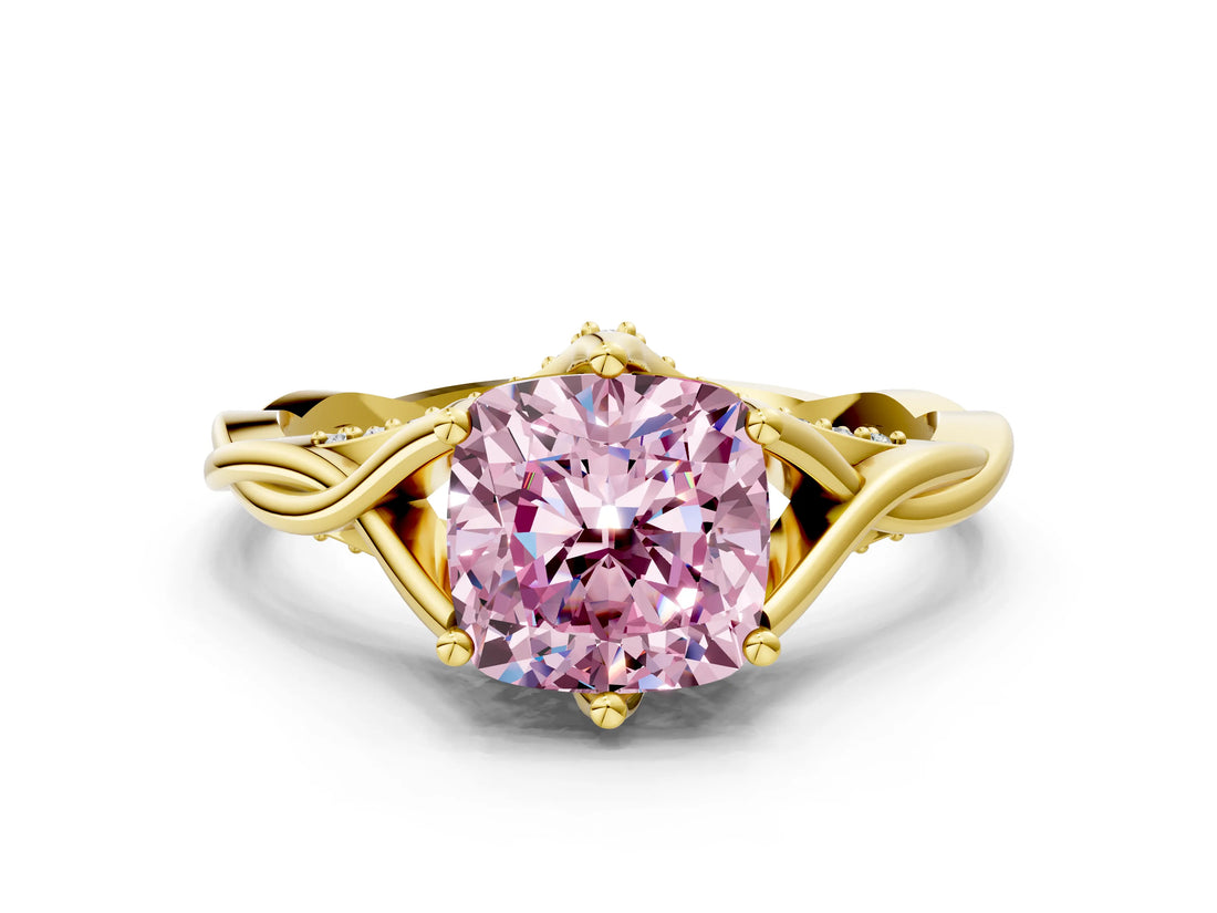 Yellow gold Fancy Pink Cushion  Solitaire Twist Band Six-Prong Setting