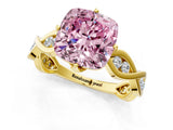 Yellow gold Fancy Pink Cushion  Solitaire Twist Band with Leaf Prong Setting 1