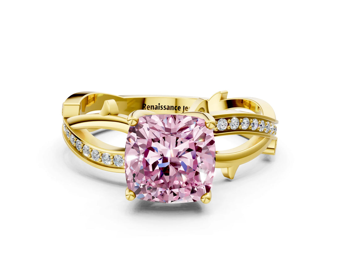 Yellow gold Fancy Pink Cushion  Solitaire Twist Band with Pavé Accents and Four-Prong Setting_20