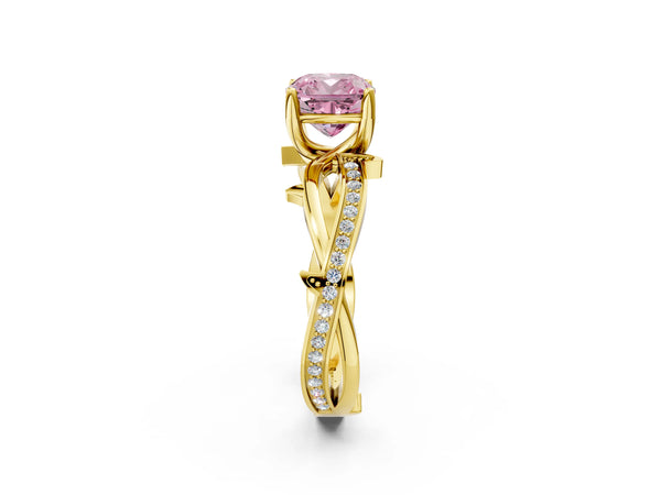 Yellow gold Fancy Pink Cushion  Solitaire Twist Band with Pavé Accents and Four-Prong Setting