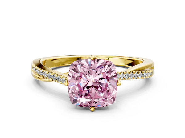 Yellow gold Fancy Pink Cushion  Solitaire Twist Band with Pavé Diamonds and Four-Prong Setting