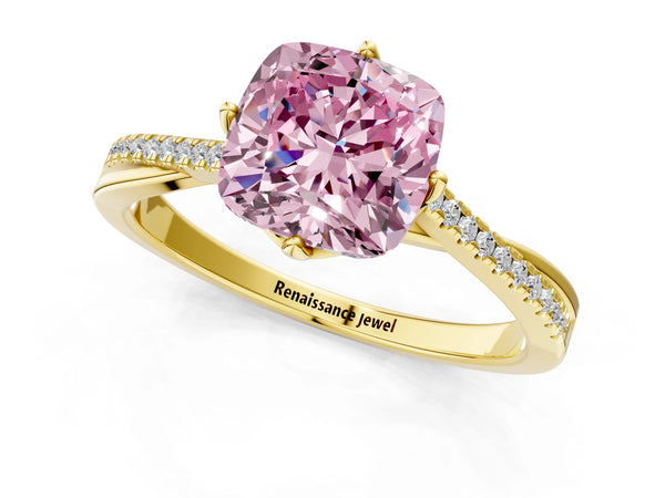 Yellow gold Fancy Pink Cushion  Solitaire Twist Band with Pavé Diamonds and Four-Prong Setting