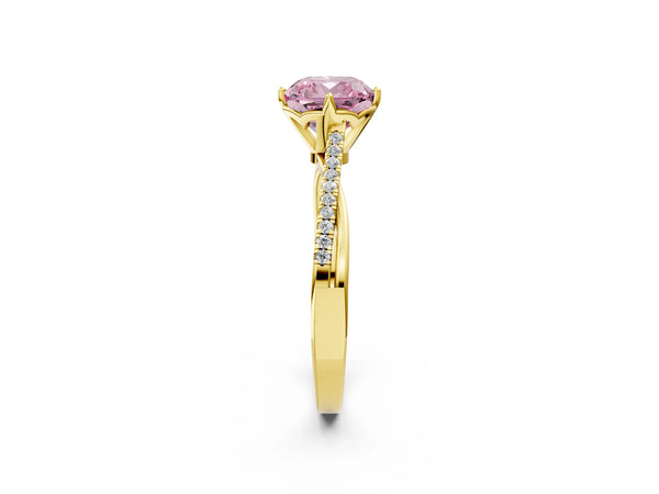 Yellow gold Fancy Pink Cushion  Solitaire Twist Band with Pavé Diamonds and Four-Prong Setting