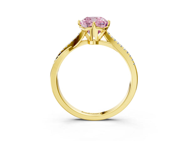 Yellow gold Fancy Pink Cushion  Solitaire Twist Band with Pavé Diamonds and Four-Prong Setting