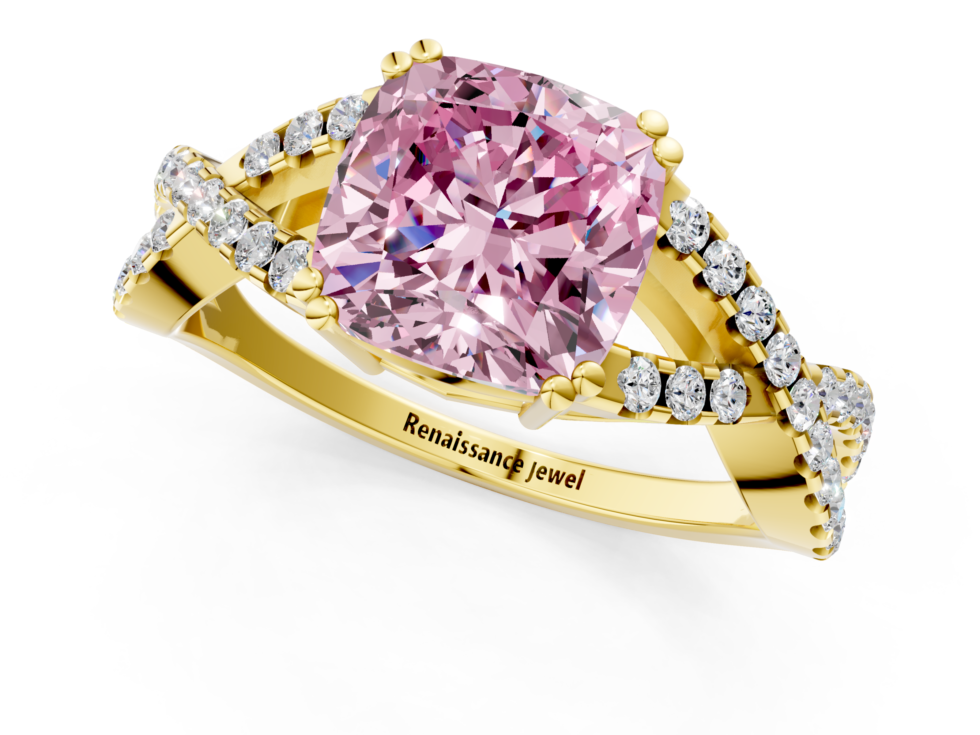Yellow gold Fancy Pink Cushion  Solitaire Twist Band with Pavé Setting and Four-Prong Setting_18