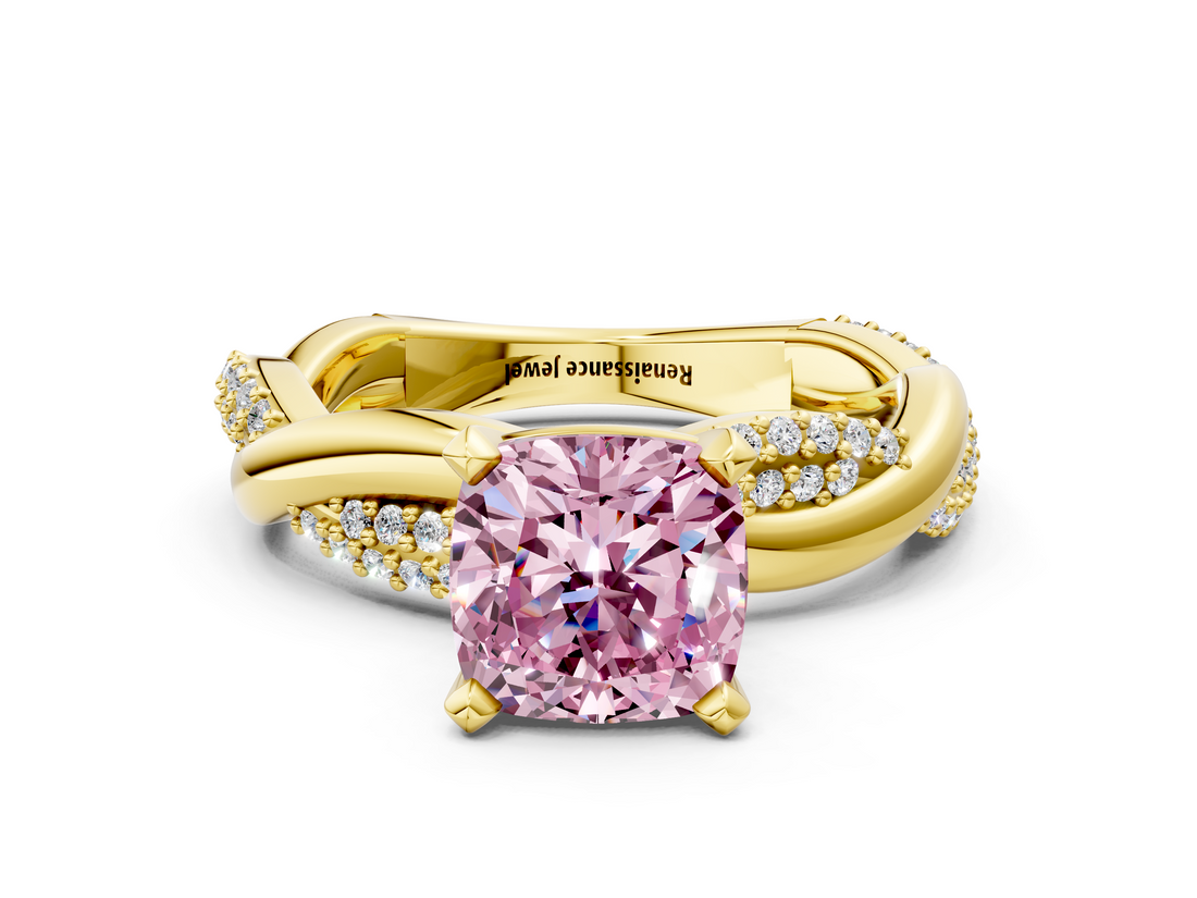 Yellow gold Fancy Pink Cushion  Solitaire Twist Band with Pave Prong Setting_42