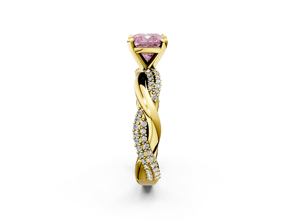 Yellow gold Fancy Pink Cushion  Solitaire Twist Band with Pave Prong Setting