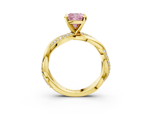Yellow gold Fancy Pink Cushion  Solitaire Twist Band with Pave Prong Setting