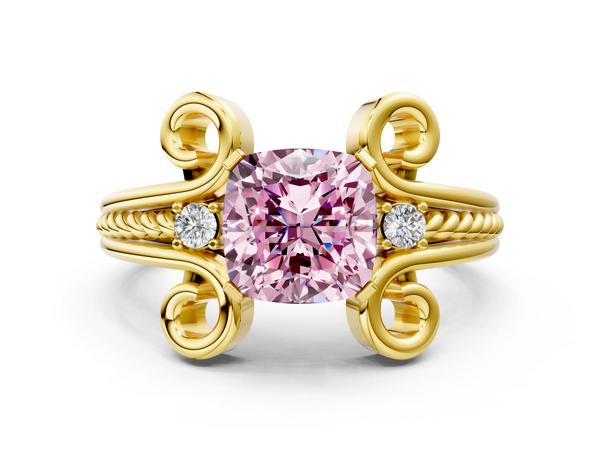 Yellow gold Fancy Pink Cushion  Solitaire Twisted Band Scroll Prong Ring