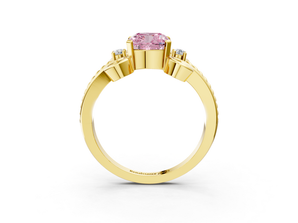 Yellow gold Fancy Pink Cushion  Solitaire Twisted Band Scroll Prong Ring