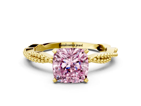 Yellow gold Fancy Pink Cushion  Solitaire Twisted Band with Bead Prong Setting