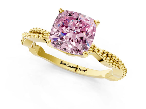 Yellow gold Fancy Pink Cushion  Solitaire Twisted Band with Bead Prong Setting