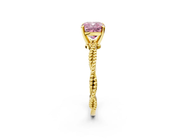 Yellow gold Fancy Pink Cushion  Solitaire Twisted Band with Bead Prong Setting