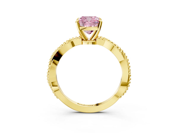 Yellow gold Fancy Pink Cushion  Solitaire Twisted Band with Bead Prong Setting