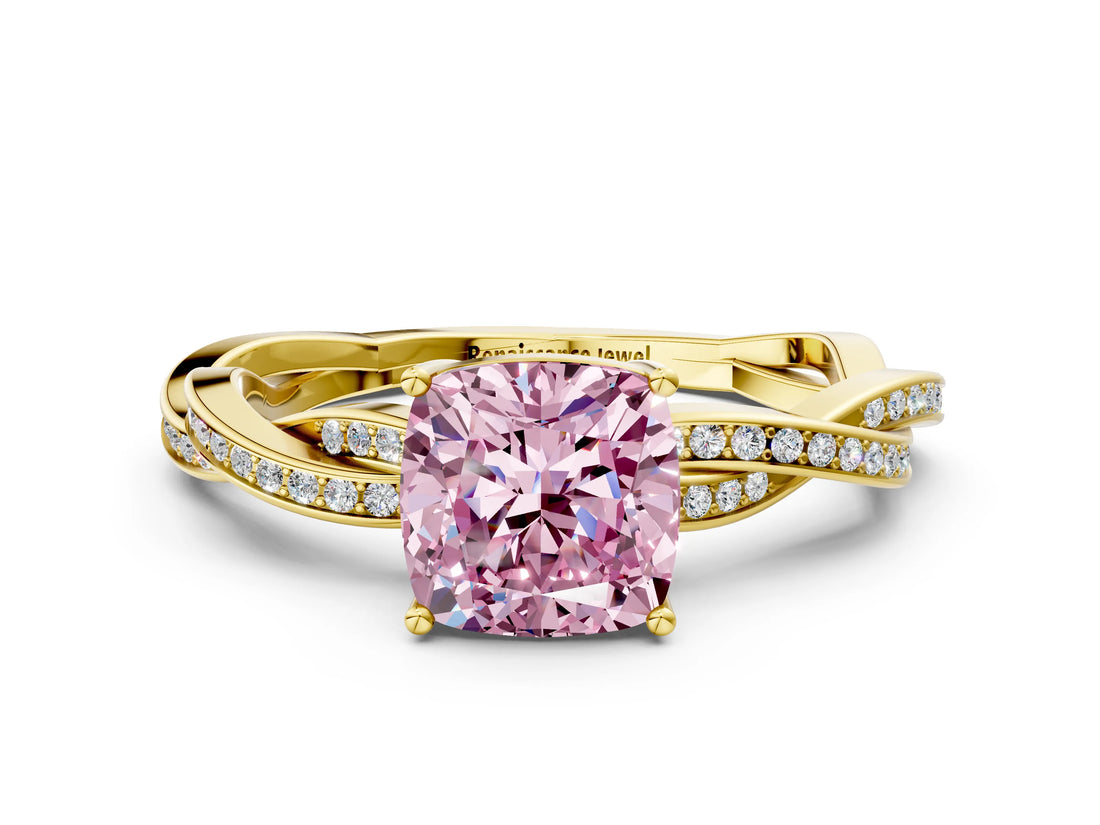 Yellow gold Fancy Pink Cushion  Solitaire Twisted Pave Diamond Ring with Four-Prong Setting_24