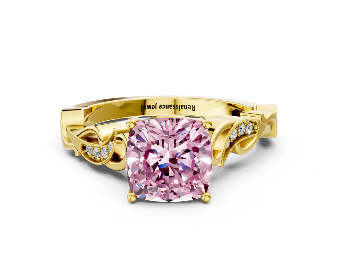 Yellow gold Fancy Pink Cushion  Solitaire Vine Band with Milgrain Prong Setting_3