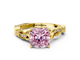 Yellow gold Fancy Pink Cushion  Solitaire Vine Band with Milgrain Prong Setting_3