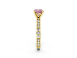 Yellow gold Fancy Pink Cushion  Solitaire with Pavé Band and Four-Prong Setting_324