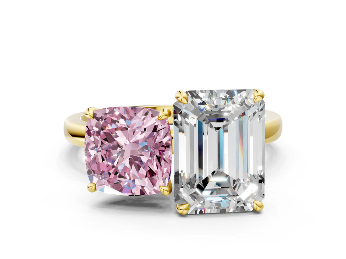 Yellow gold Fancy Pink Cushion  and Emerald Cut Toi Moi Ring with Prong Setting_46