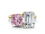 Yellow gold Fancy Pink Cushion  and Emerald Cut Toi Moi Ring with Prong Setting_46