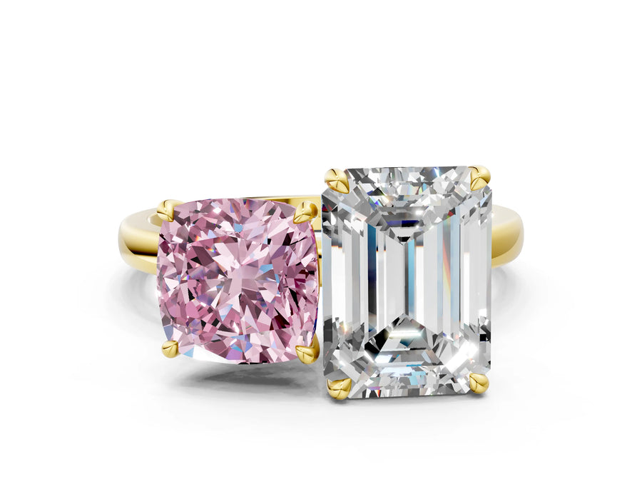 Yellow gold Fancy Pink Cushion  and Emerald Cut Toi Moi Ring with Prong Setting