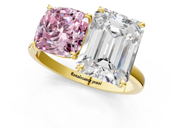 Yellow gold Fancy Pink Cushion  and Emerald Cut Toi Moi Ring with Prong Setting