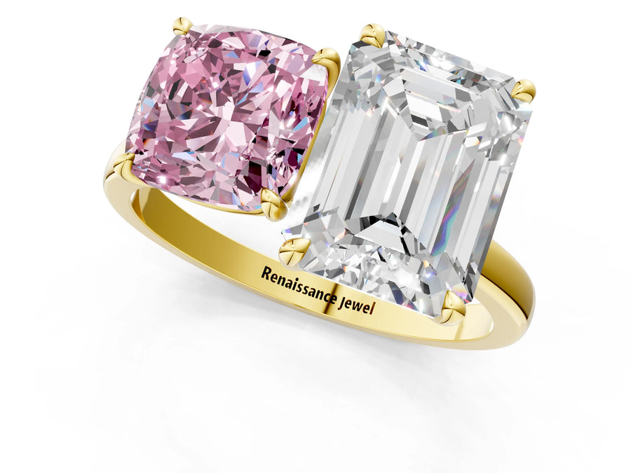 Yellow gold Fancy Pink Cushion  and Emerald Cut Toi Moi Ring with Prong Setting