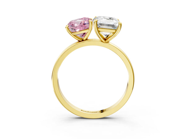 Yellow gold Fancy Pink Cushion  and Emerald Cut Toi Moi Ring with Prong Setting