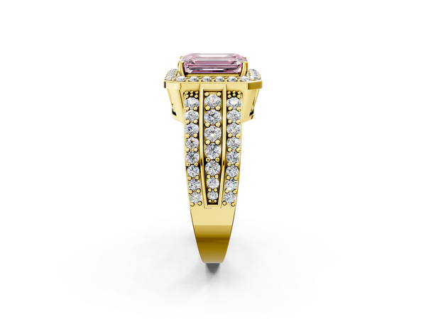 Yellow Gold Emerald Cut Triple-Row Pave Halo Engagement Ring Setting for Fancy Pink Center