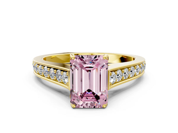 Yellow gold Fancy Pink Emerald  Brilliant Cut Diamond Engagement Ring with Pavé Band and Four-Prong Setting