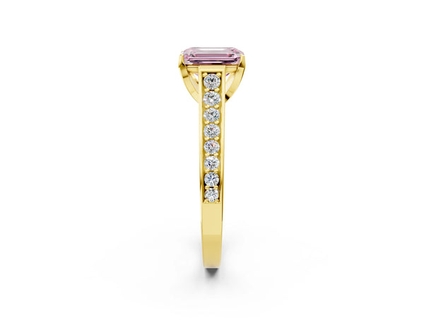 Yellow gold Fancy Pink Emerald  Brilliant Cut Diamond Engagement Ring with Pavé Band and Four-Prong Setting