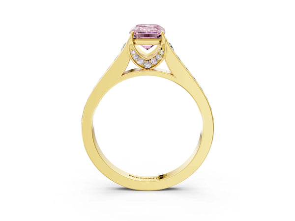 Yellow gold Fancy Pink Emerald  Brilliant Cut Diamond Engagement Ring with Pavé Band and Four-Prong Setting