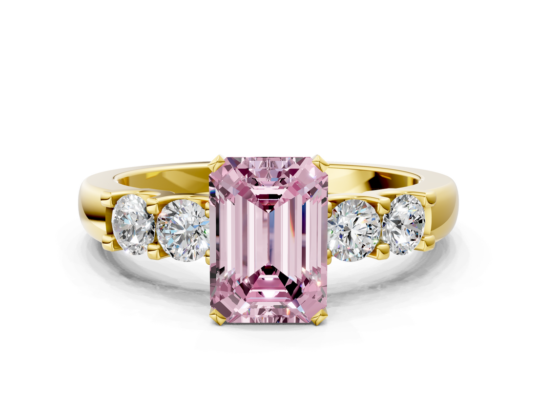 Yellow gold Fancy Pink Emerald  Brilliant Cut Diamond Five-Stone Prong Set Engagement Ring with Channel Band_3
