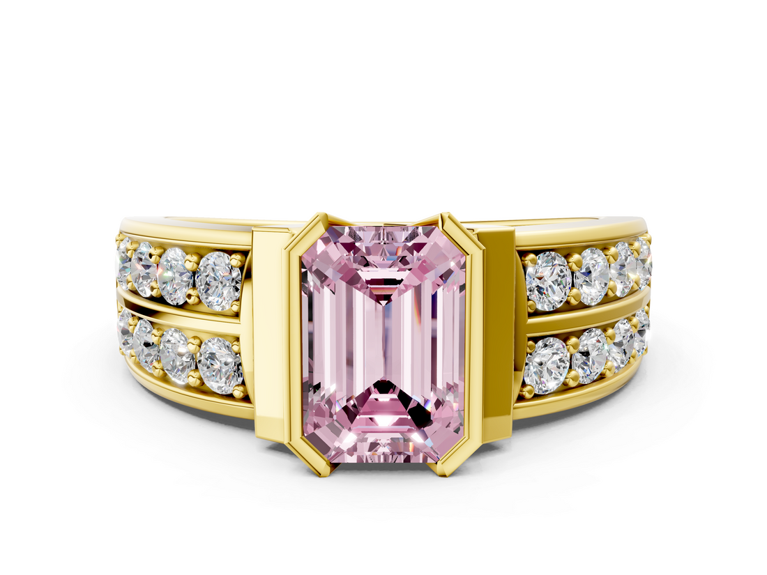 Yellow gold Fancy Pink Emerald  Brilliant Diamond Channel Set Wide Band Ring with Bezel Setting_20