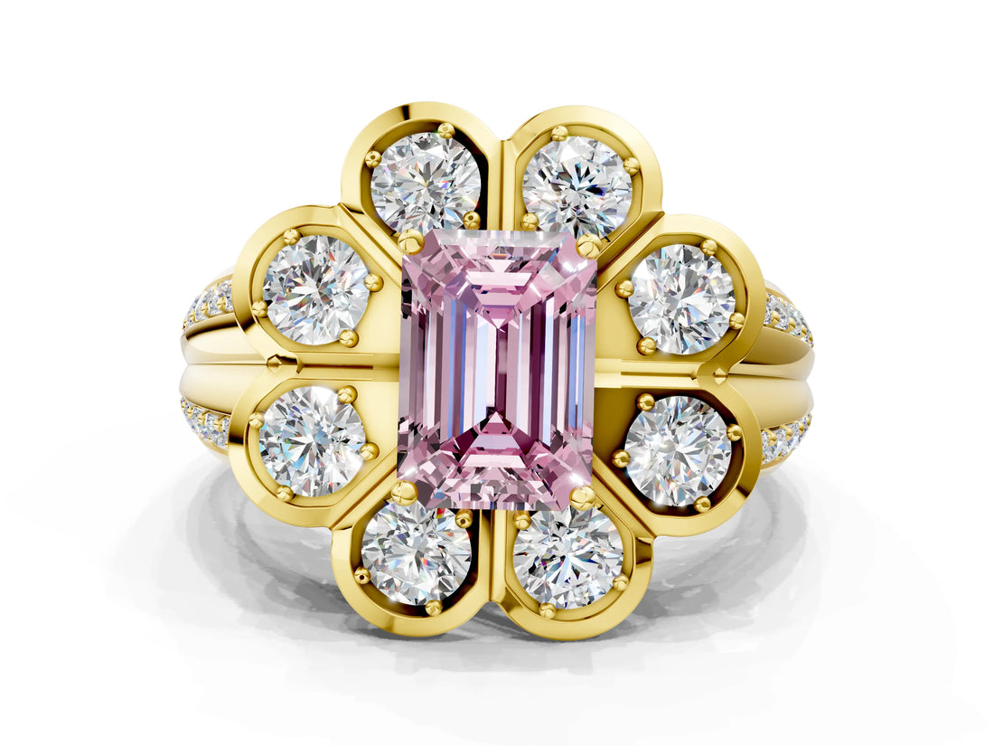 Yellow gold Fancy Pink Emerald  Brilliant Flower Halo Diamond Split Shank Ring_81
