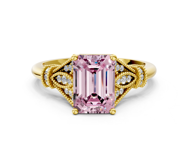 Yellow gold Fancy Pink Emerald  Diamond Solitaire Ring with Floral Filigree and Pave Accents