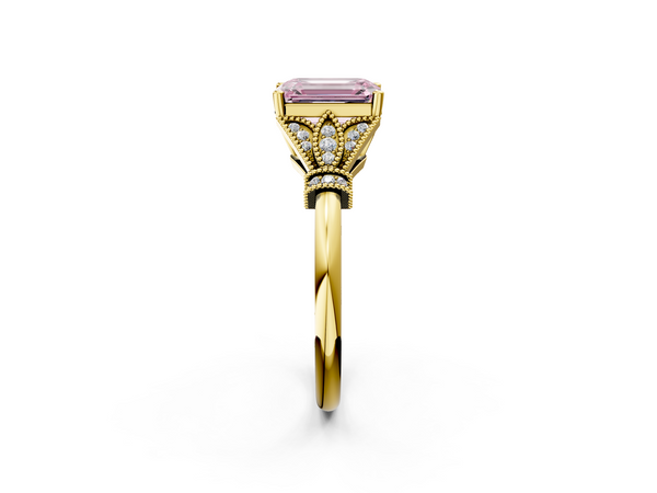 Yellow gold Fancy Pink Emerald  Diamond Solitaire Ring with Floral Filigree and Pave Accents