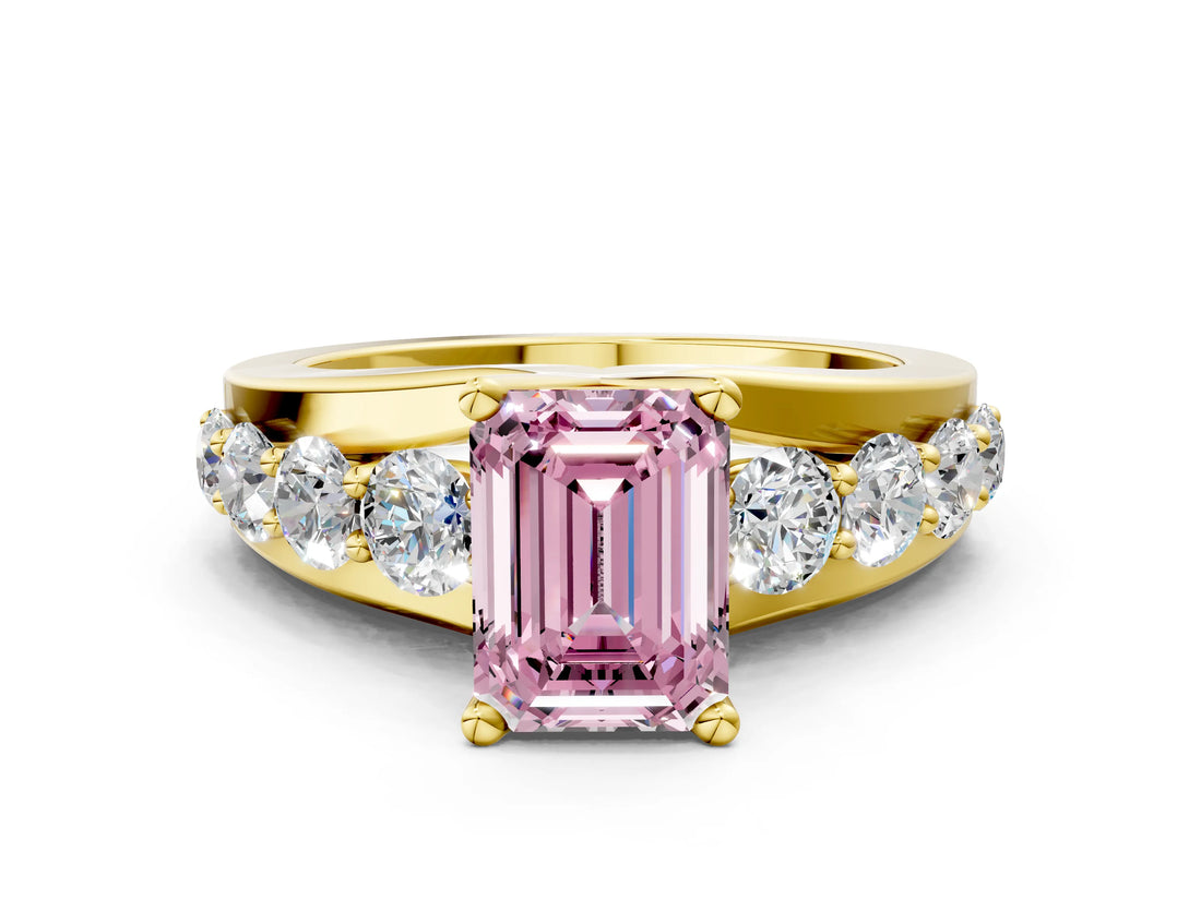 Yellow gold Fancy Pink Emerald  Brilliant Solitaire with Side Stones on a Pave Band and Four-Prong Setting_37