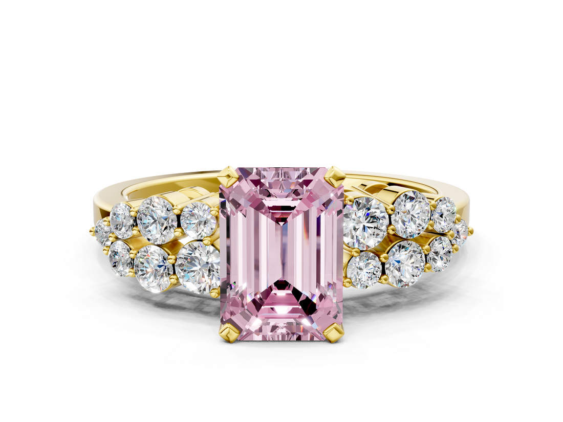 Yellow gold Fancy Pink Emerald  Cluster Diamond Engagement Ring with Pavé Band and Four-Prong Setting_50