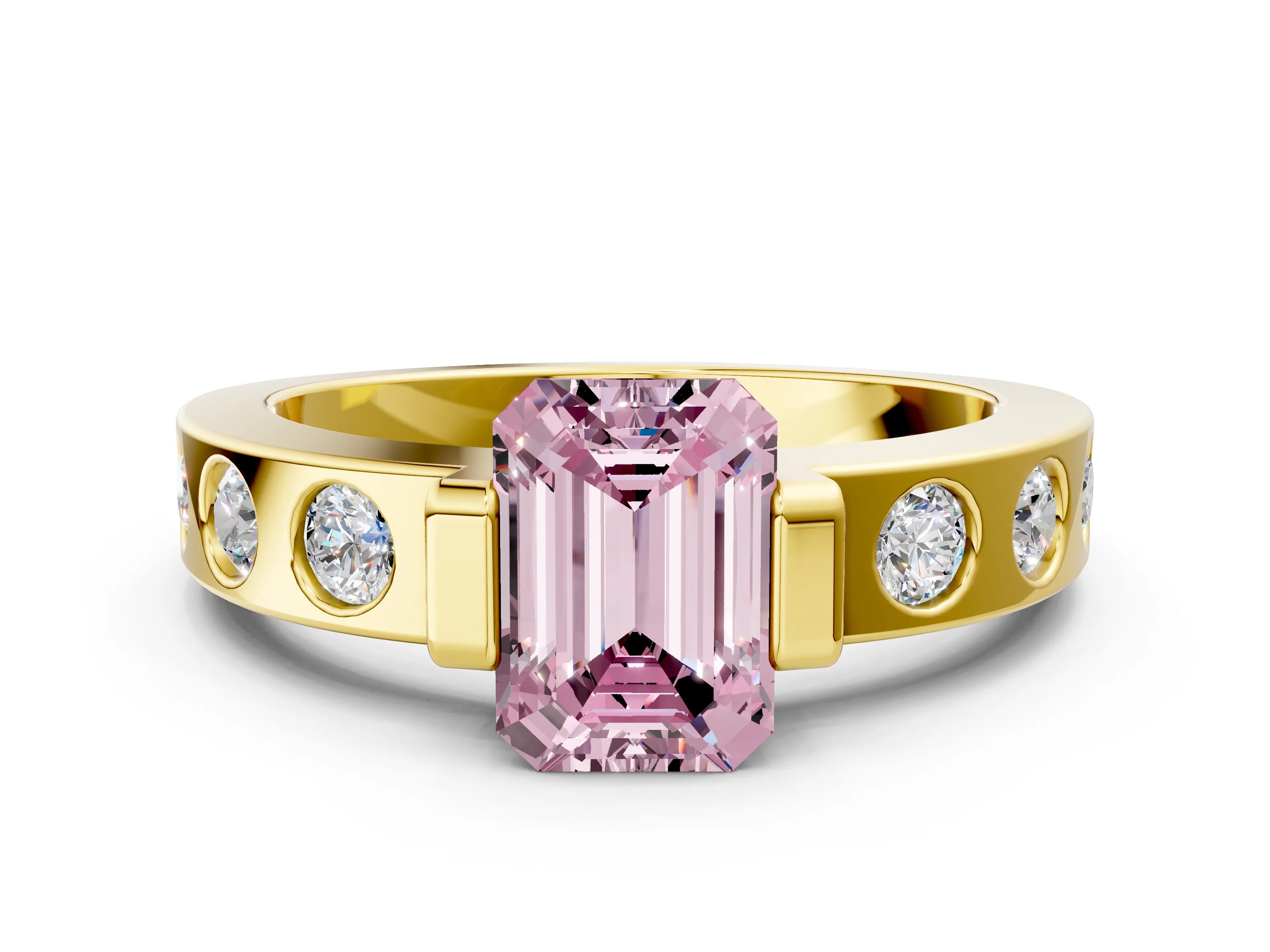 Yellow gold Fancy Pink Emerald Cut Brilliant Channel-Set Diamond Ring with Bezel Prong Setting