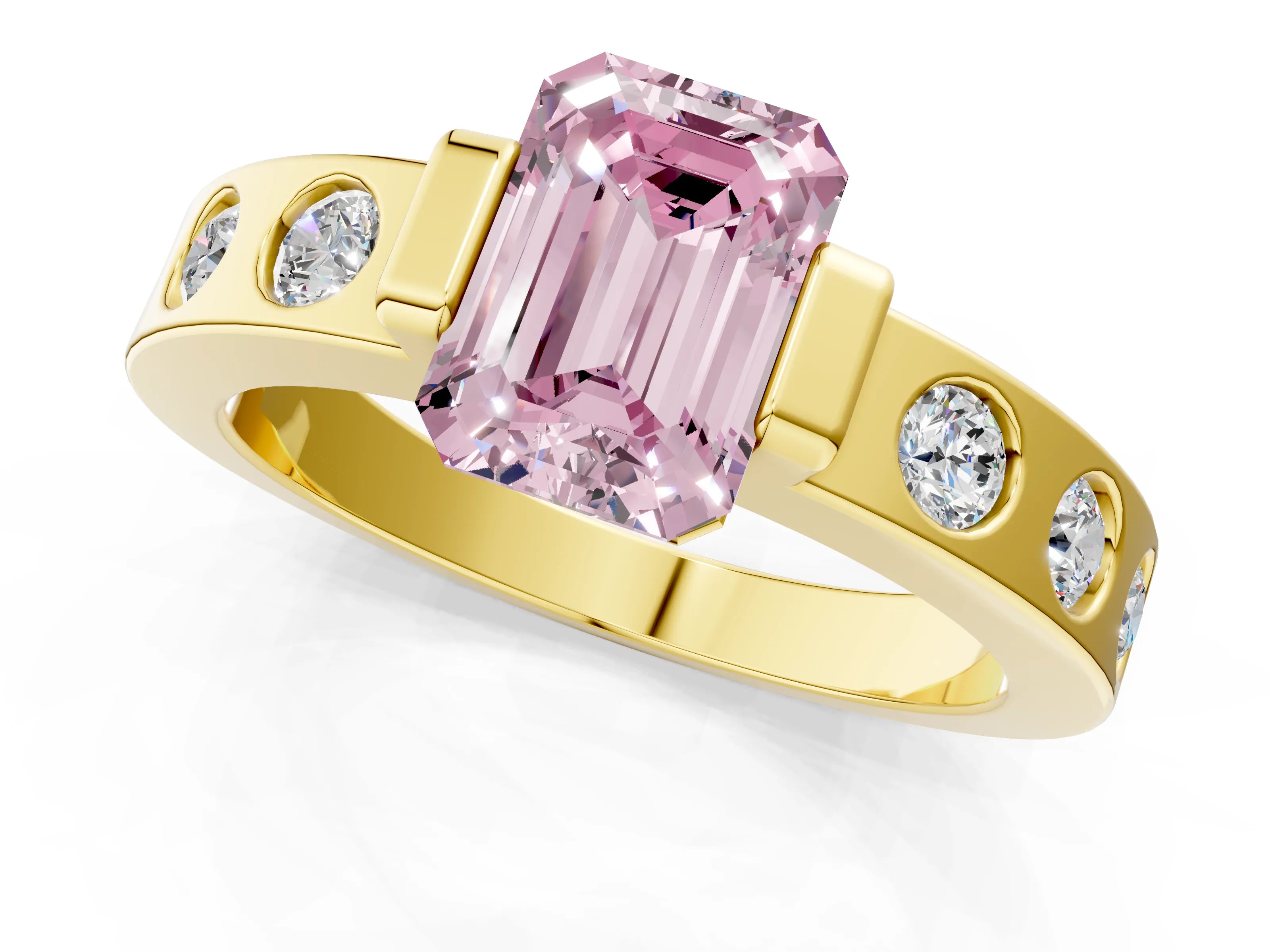 Yellow gold Fancy Pink Emerald Cut Brilliant Channel-Set Diamond Ring with Bezel Prong Setting_1
